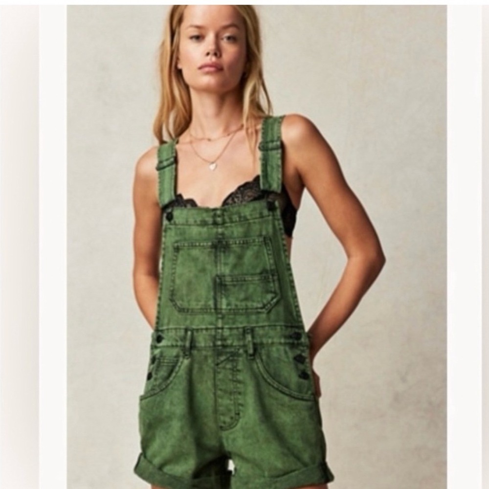 Free People We The Free Ziggy Denim Shortalls Green Overalls Size S
